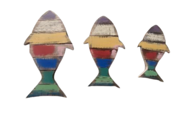 A Set Of 3 Wooden Colorful Whales