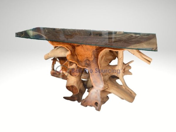 Large Square Wooden Root Table With Glass Top