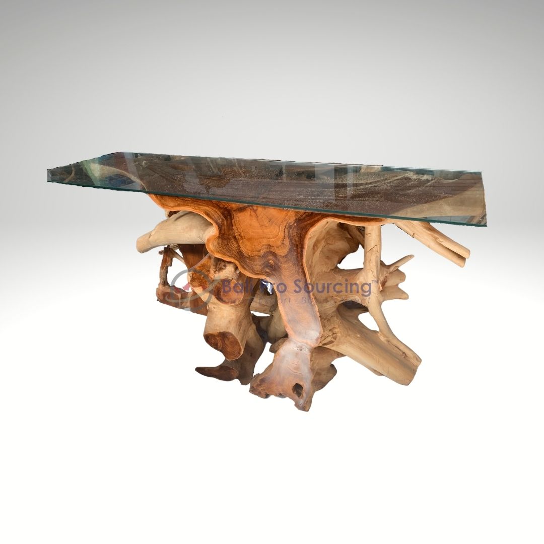Large Square Wooden Root Table With Glass Top
