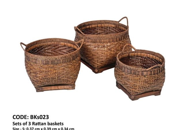 Ensemble de 3 paniers ronds avec lances en rotin foncé
