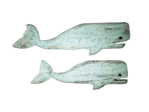 A Set Of 2 Wooden Whales