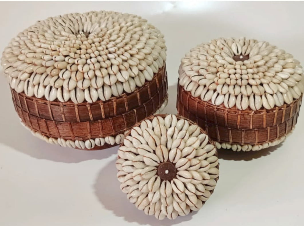 A Set Of 3 Bamboo Bali Box With Sea Shells