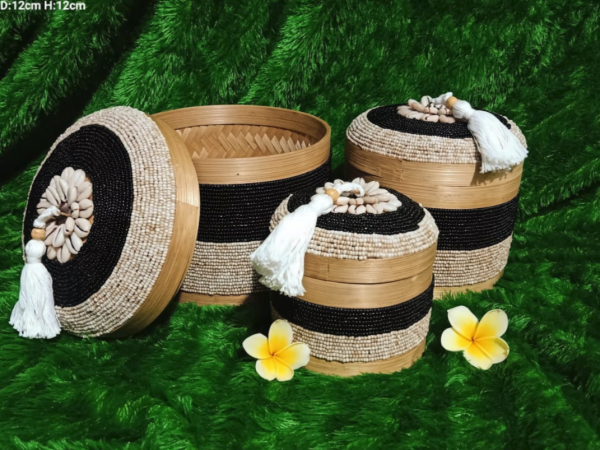 A Set Of 3 Cream Black Beads And Bamboo Bali Box