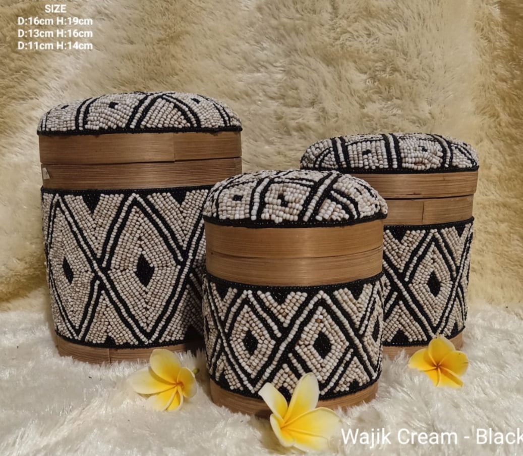 A Set Of 3 Wajik Cream Black Beads And Bamboo Bali Box