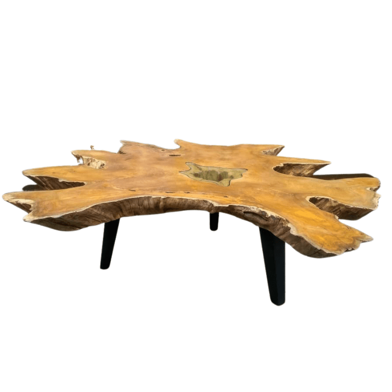 Bromo Teak Wooden coffee table with iron stick legs BLACK MATTE WITH GLASS