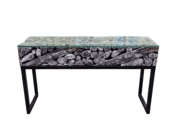 Dayak Console Coffee Table with black iron legs hollow with glass