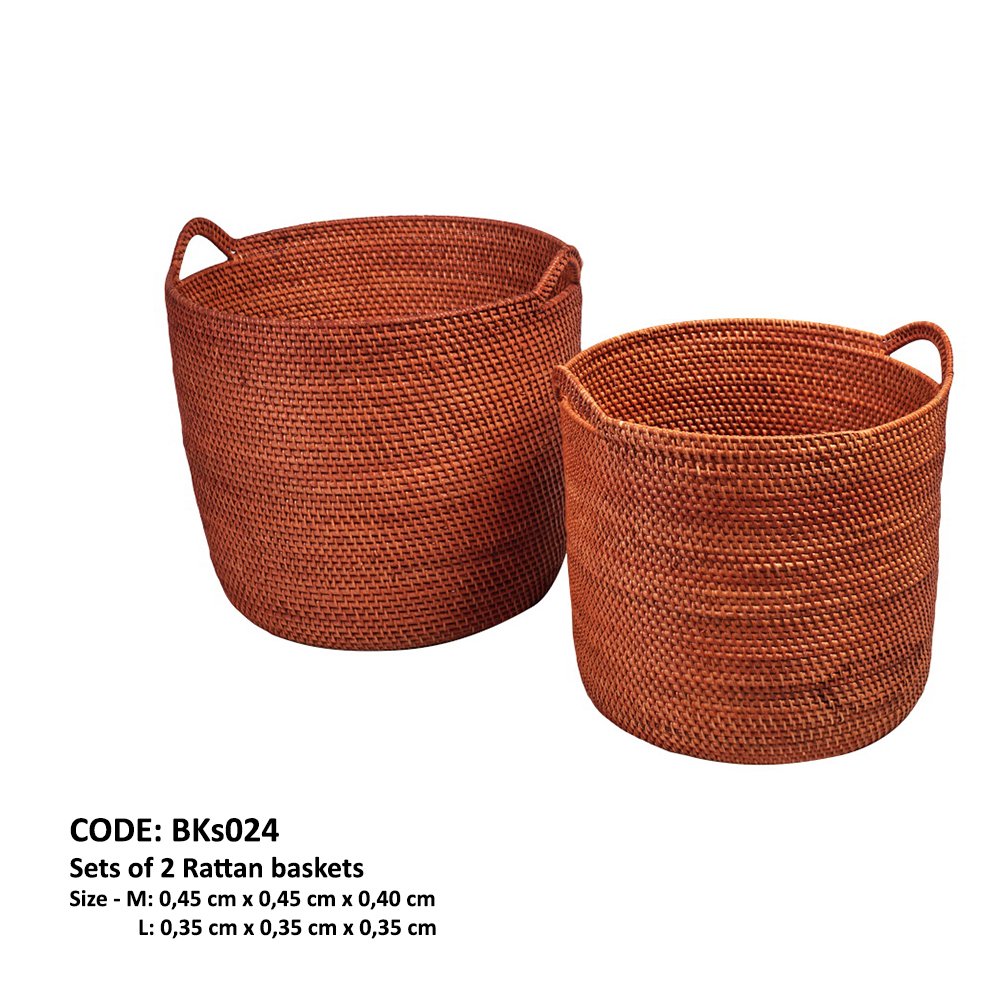Ensemble de 2 paniers cylindriques avec lances en rotin couleur cuivré