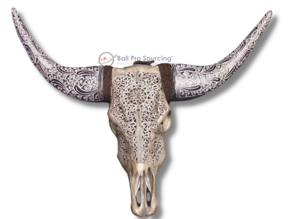 Extra Large Light Grey Buffalo Skull Sun Flower Carved