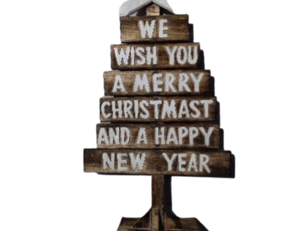 Small Wooden Christmas Tree "We Wish You A Merry Christmas"